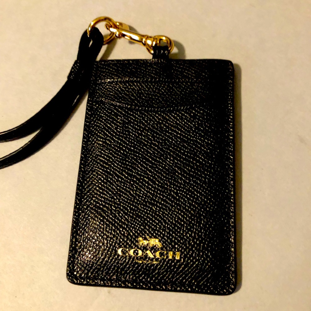 Coach ID Lanyard Badge Holder in Crossgrain Leather (Black/Gold)